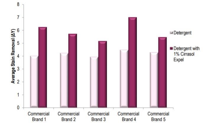 Average stain removal performance of 5 different commercial brands of liquid hand wash detergent formulations with and without the addition of 1% Cirrasol Expel