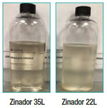 Visual comparison of Zinador 35L vs. Zinador 22L when added to a commercial fragrance-free detergent