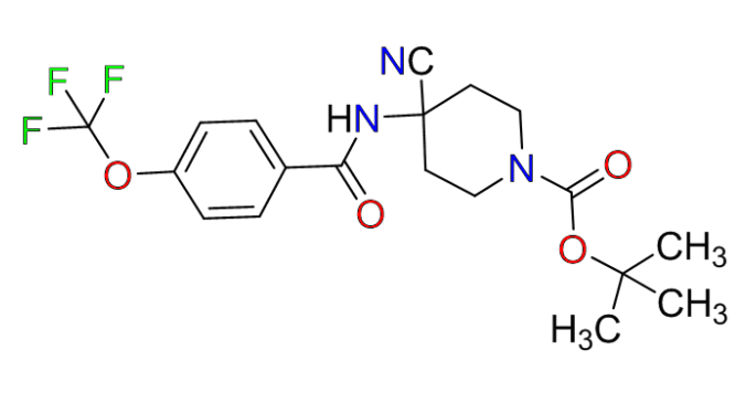 Boron Molecular tert-butyl 4-cyano-4-(4-(trifluoromethoxy)benzamido)piperidine-1-carboxylate BM1116 - Structure